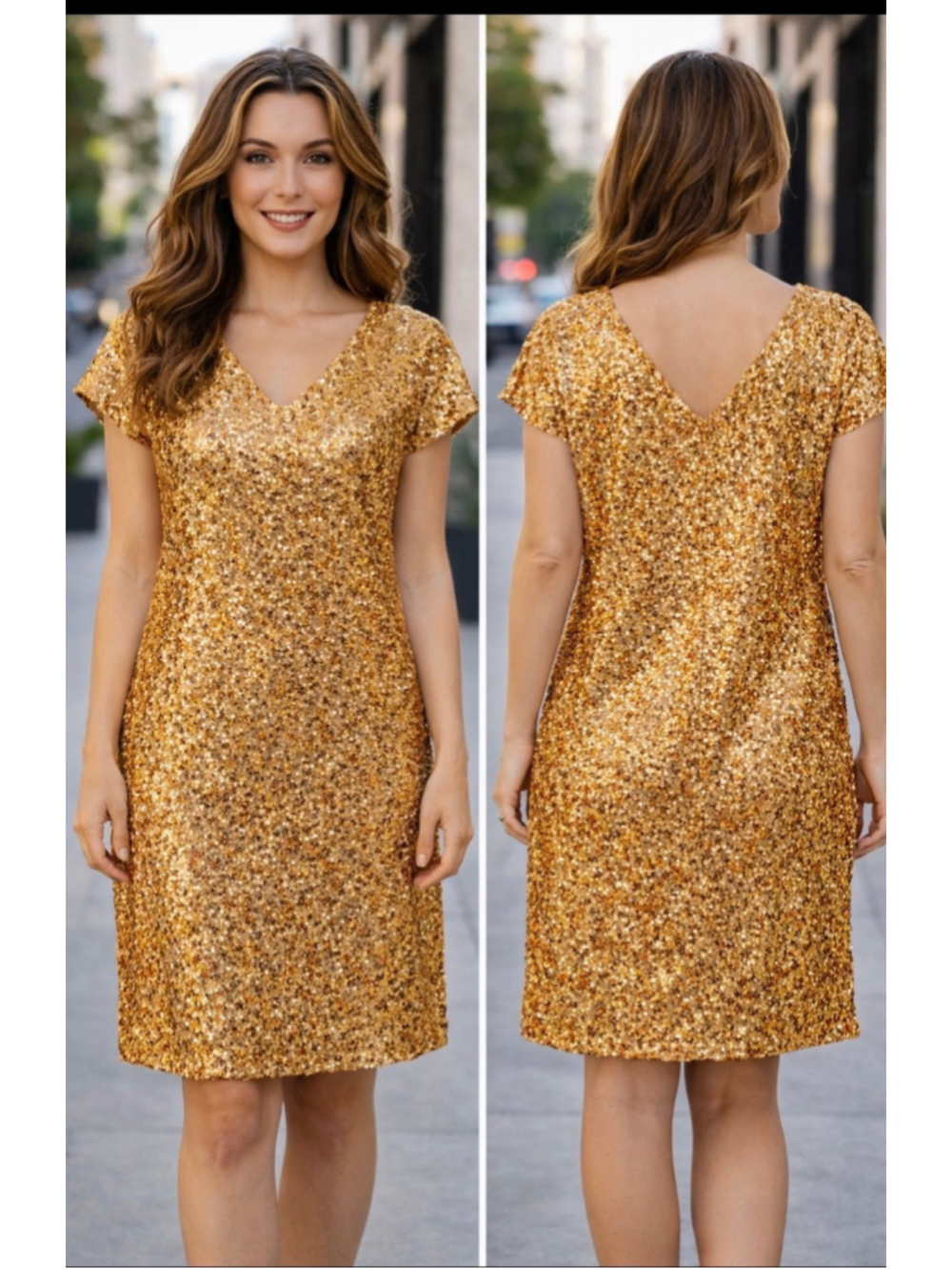 Anna Kaci sequined dress. About the knee length. See last photograph for measure